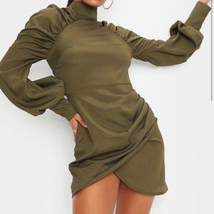 Khaki Long Puff Sleeve High Neck Bodycon Dres
